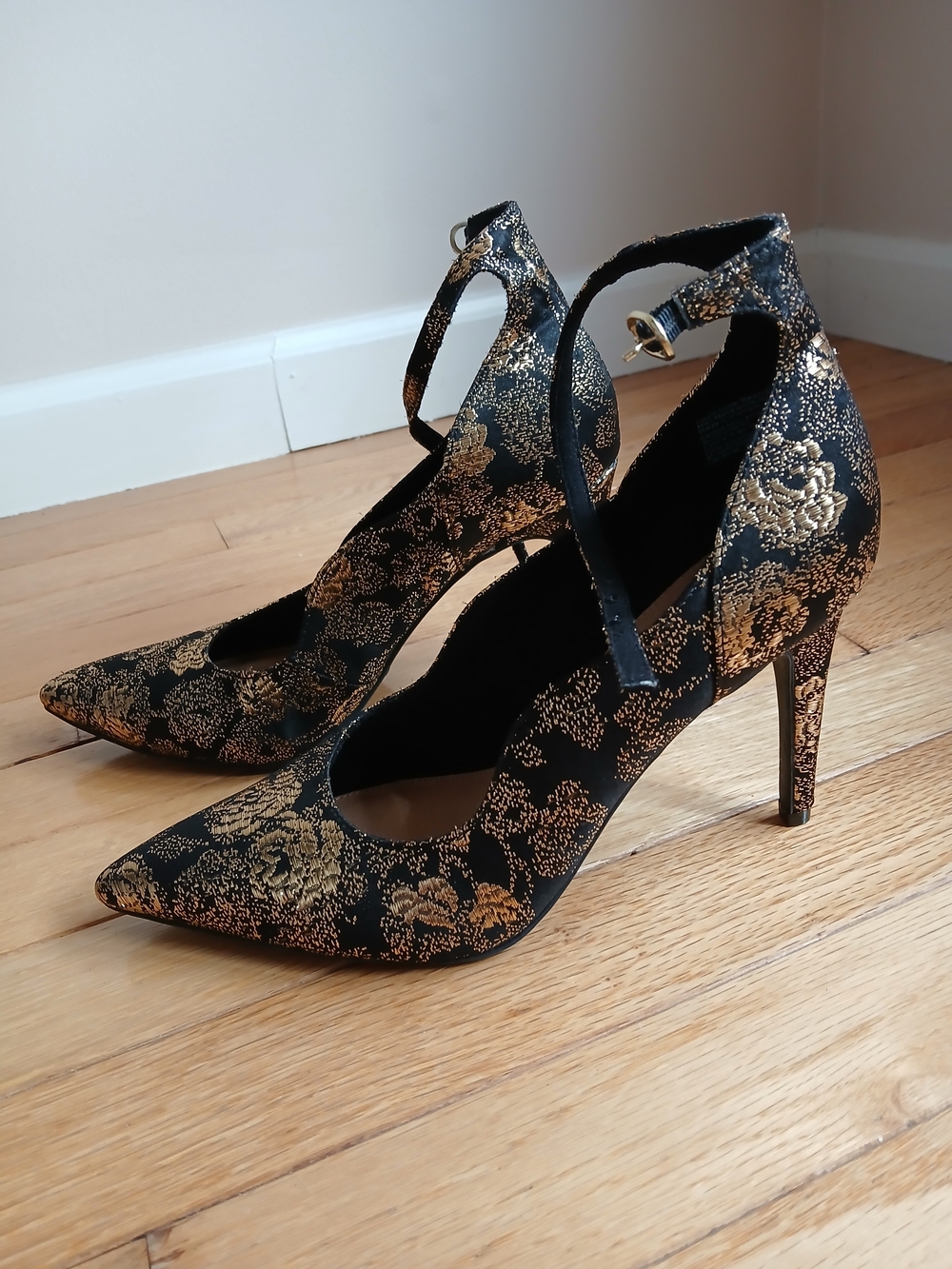 Black and Gold Floral Ankle-Strap Heels